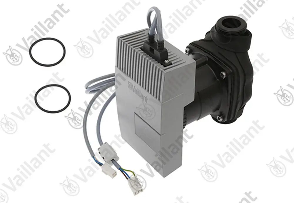 Vaillant Pumpe mit elektrischen Anschlüssen und zwei O-Ringen, typisch für Heizungs- oder Kühlanwendungen in einem kompakten Design.